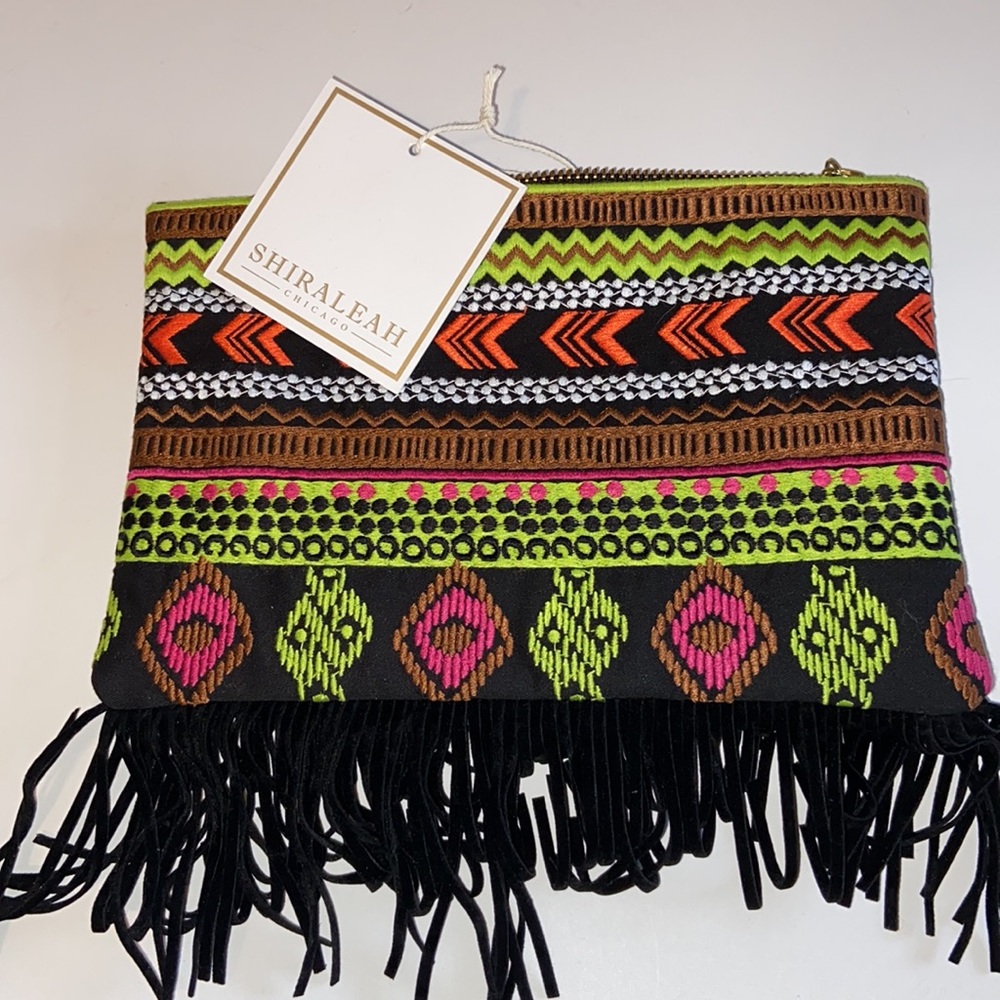NWT Shiraleah Chicago Embroidered fringe clutch Colorful Southwestern Pattern - Picture 9 of 14